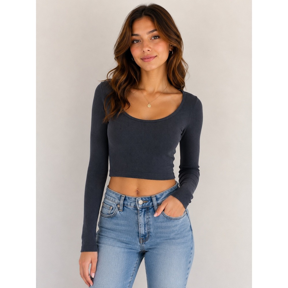 GU Ribbed Long Sleeve Crop Top Charcoal Gray Scoop Neck Small Basic Tee